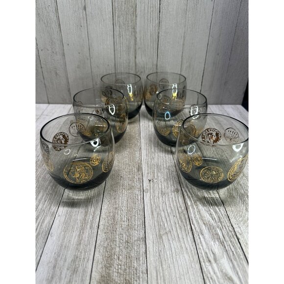 Vintage MCM Federal Roly Poly ROMA Gold Coin Glass Set 6 Mad Men Smokey Barware - Picture 1 of 9